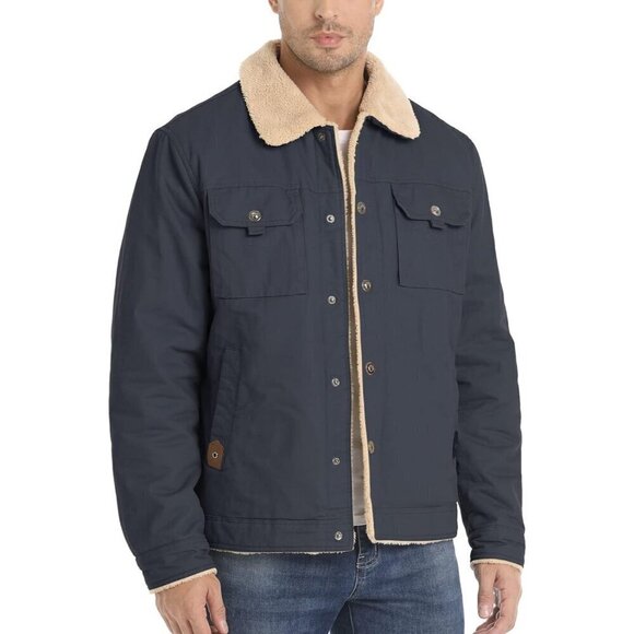 ❤️ Jacket  Men Fleece Lined Trucker Jacket Warm Winter Coat with Fur Collar-Grey - Picture 1 of 6